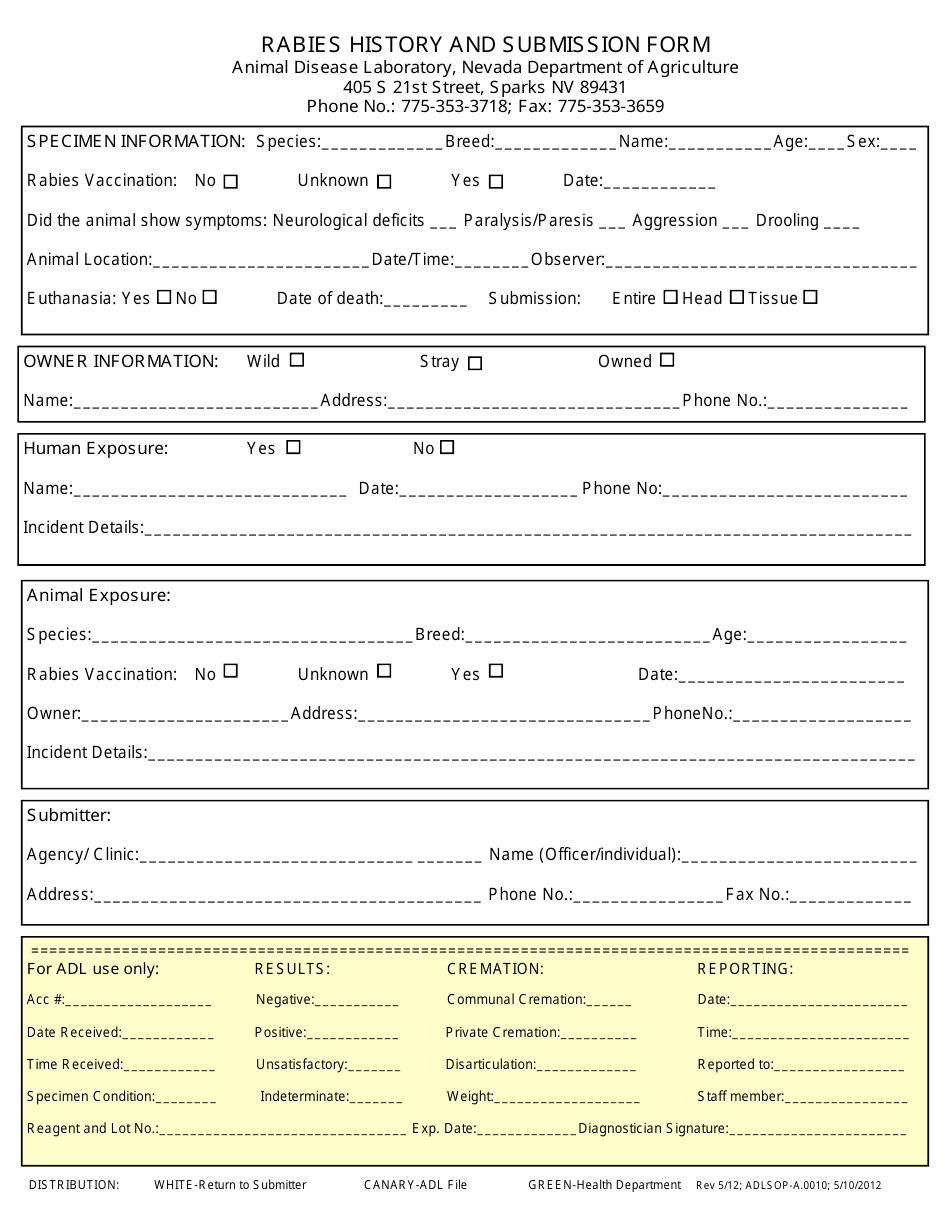 Form ADLSOP-A.0010 Rabies History and Submission Form - Nevada, Page 1