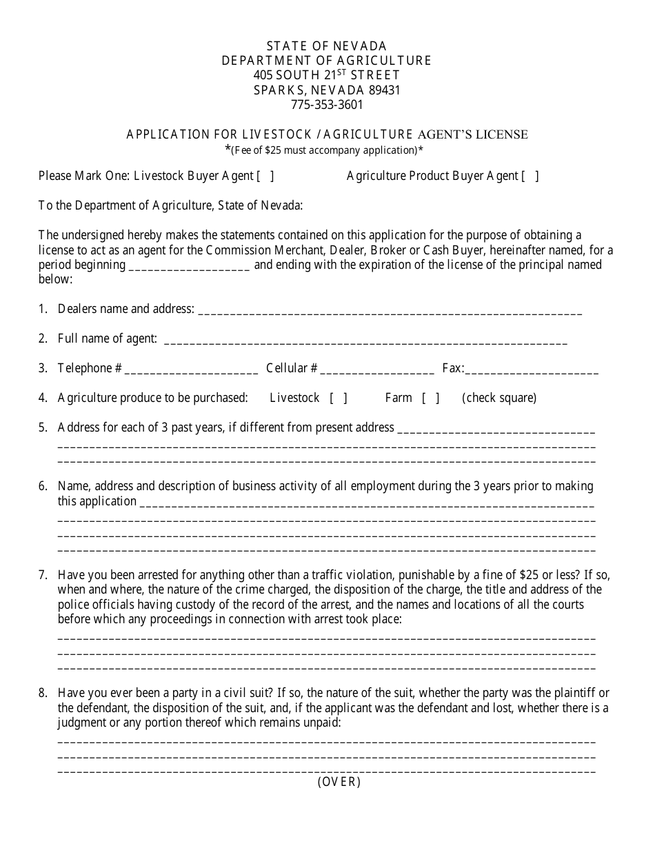 Nevada Application for Livestock/Agriculture Agent's License Fill Out