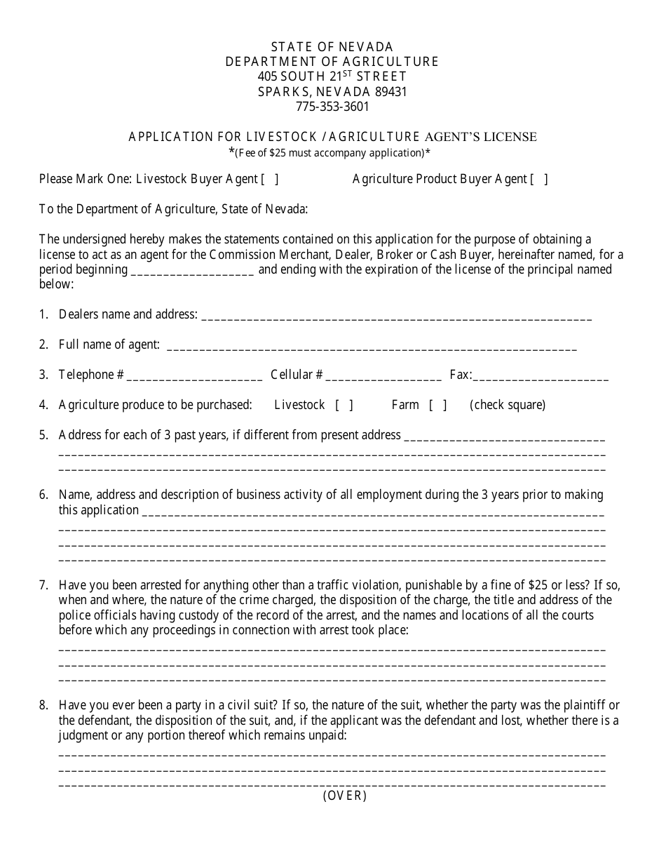 Application for Livestock / Agriculture Agents License - Nevada, Page 1