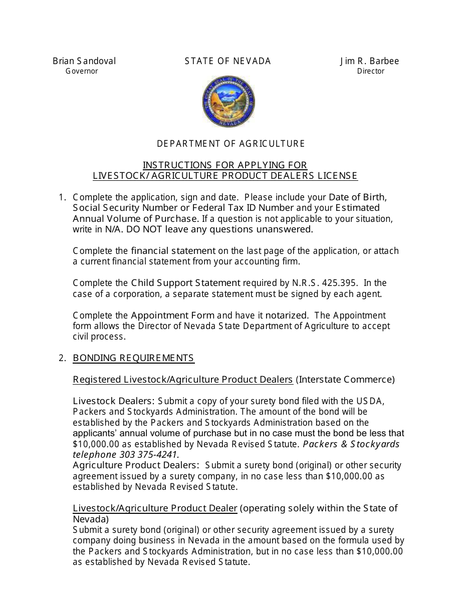 Instructions for Applying for Livestock / Agriculture Product Dealers License - Nevada, Page 1