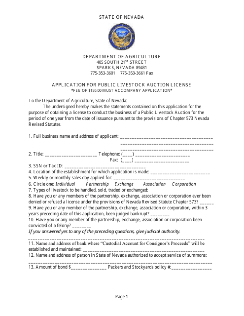 Application for Public Livestock Auction License - Nevada Download Pdf