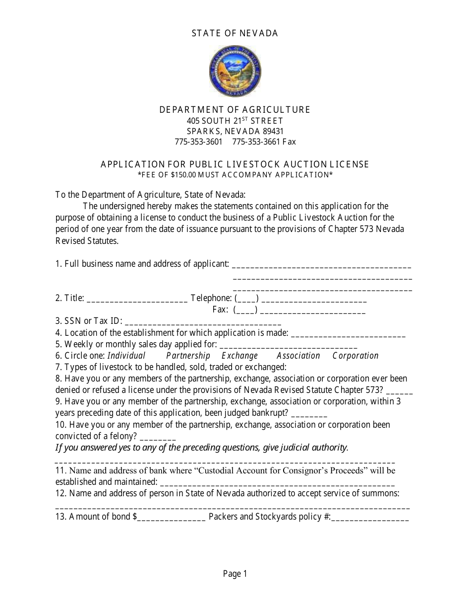 Nevada Application for Public Livestock Auction License Fill Out