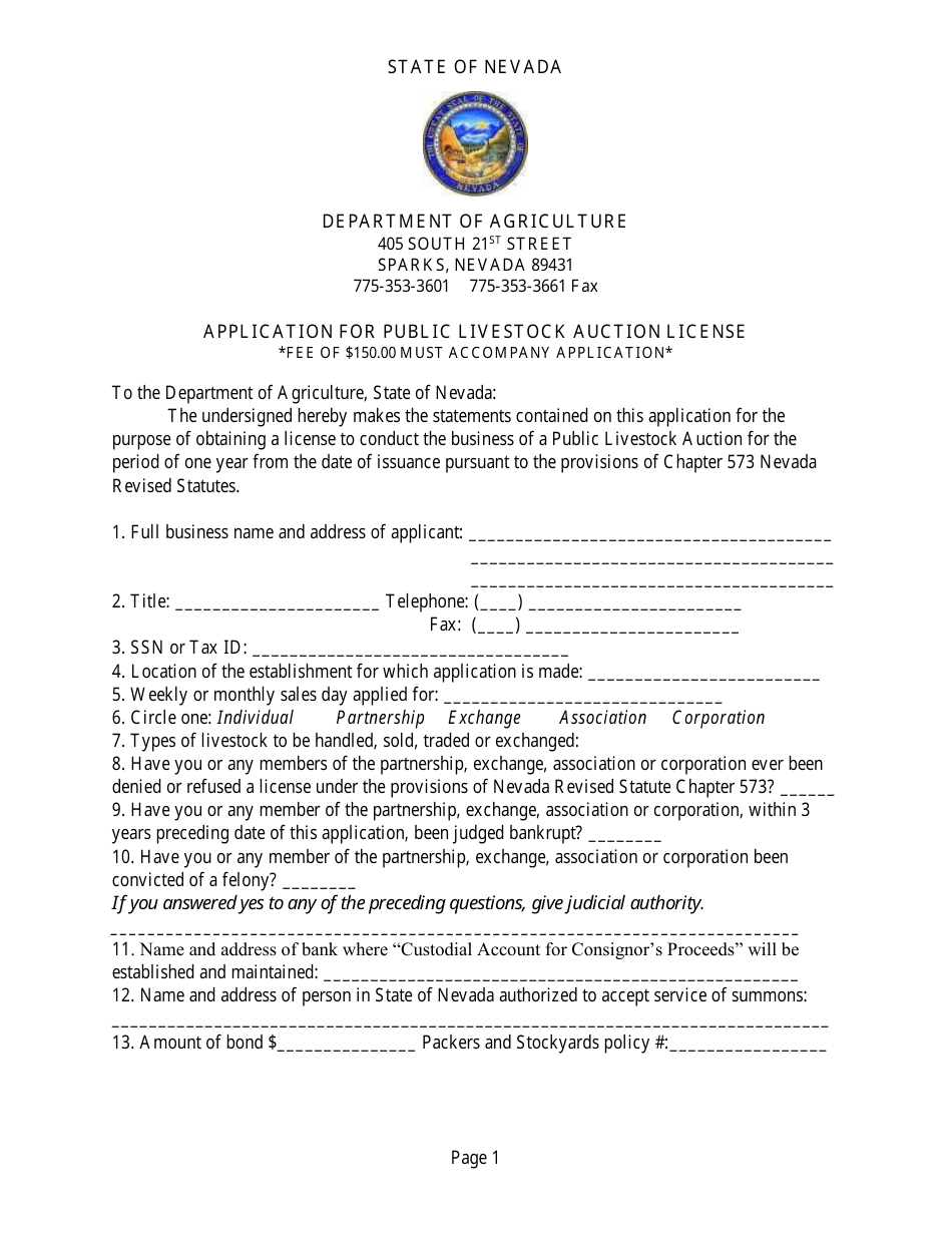 Application for Public Livestock Auction License - Nevada, Page 1