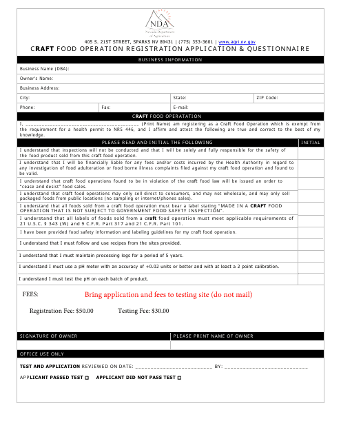 Craft Food Operation Registration Application & Questionnaire Form - Nevada