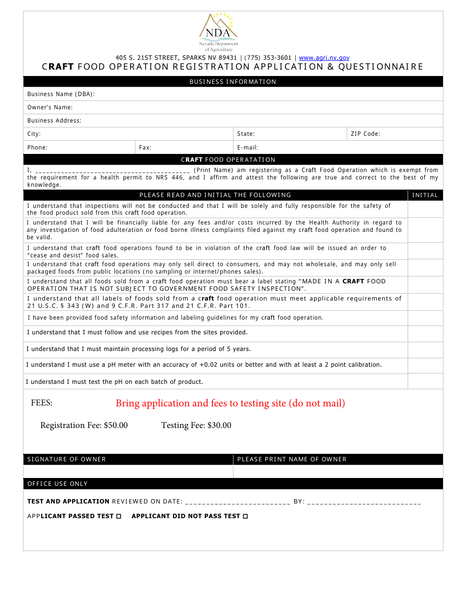 Craft Food Operation Registration Application  Questionnaire Form - Nevada, Page 1