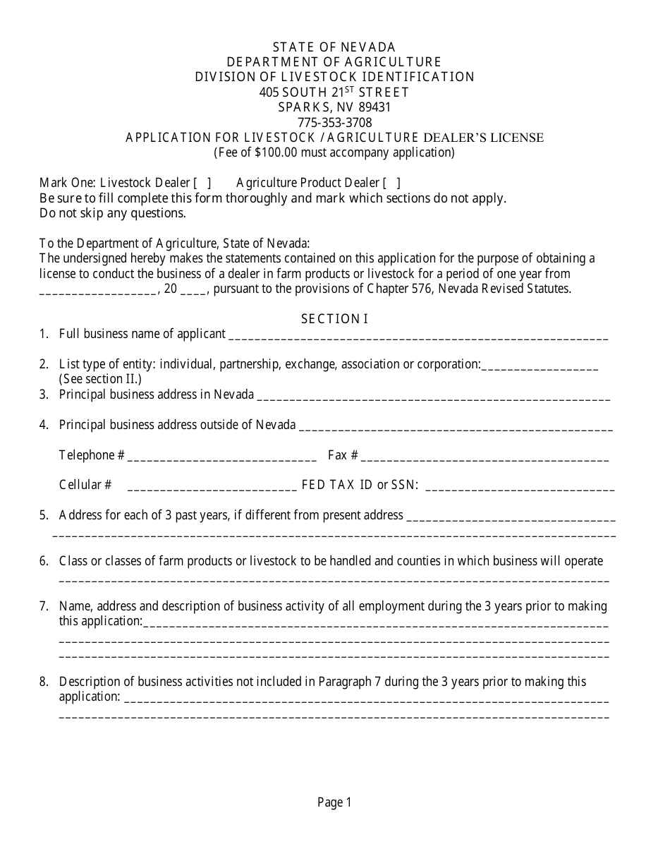 Application for Livestock / Agriculture Dealers License - Nevada, Page 1