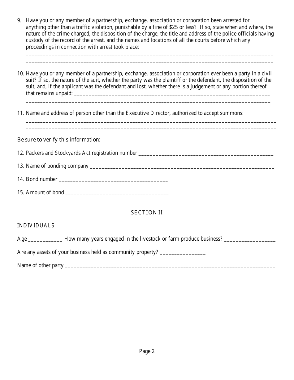 Application for Livestock / Agriculture Dealers License - Nevada, Page 2
