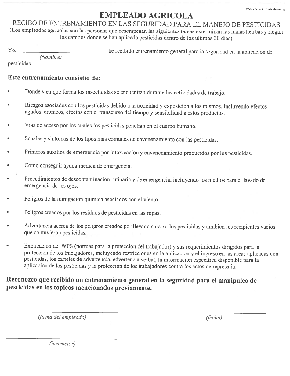 Empleado Agricola Recibo De Entrenamiento En Las Seguridad Para El Manejo De Pesticidas - Nevada (Spanish), Page 1