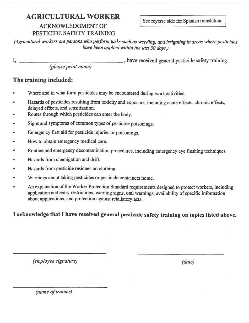 Worker Acknowledgement of Pesticide Safety Training - Nevada, Page 1