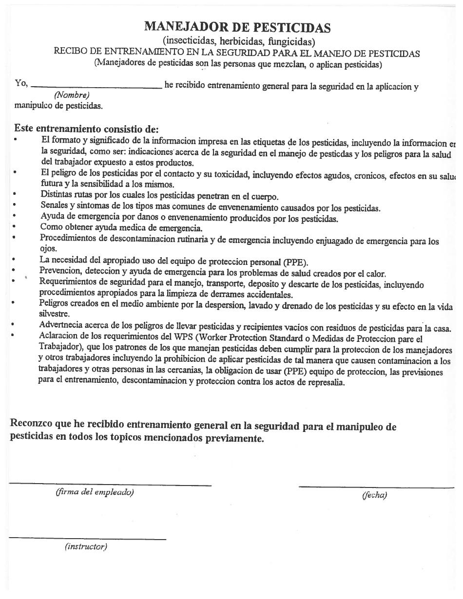 Manejador De Pesticidas Recibo De Enternamiento En La Seguridad Para El Manejo De Pesticidas - Nevada (Spanish), Page 1