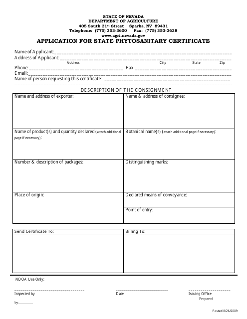 Application for State Phytosanitary Certificate - Nevada Download Pdf