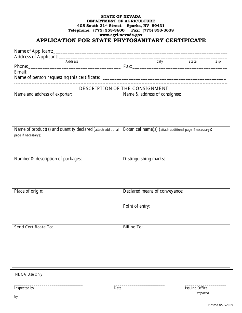Application for State Phytosanitary Certificate - Nevada, Page 1
