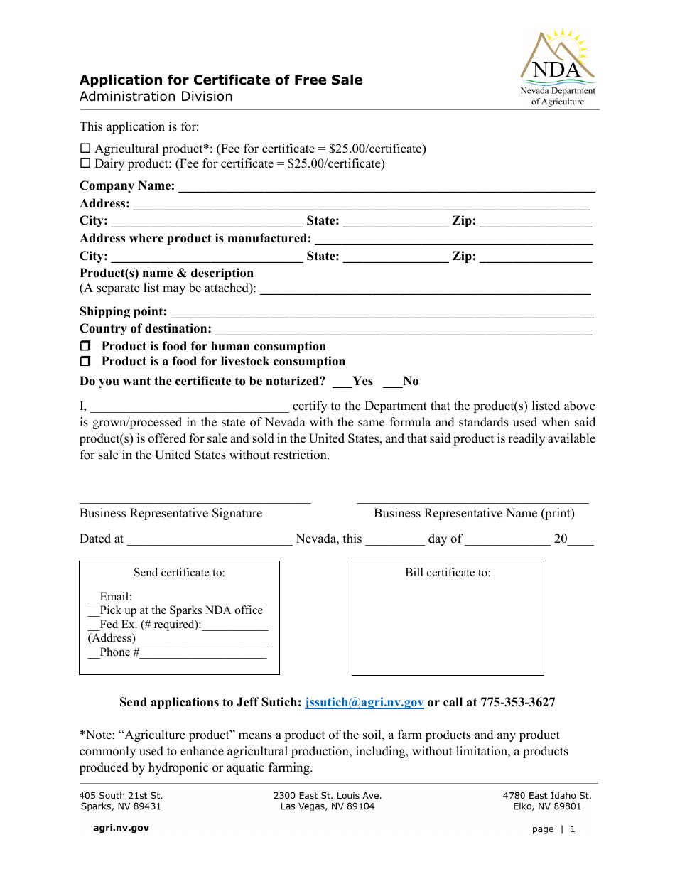 Application for Certificate of Free Sale - Nevada, Page 1