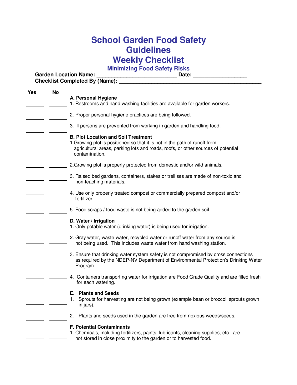 School Garden Food Safety Weekly Checklist - Nevada, Page 1