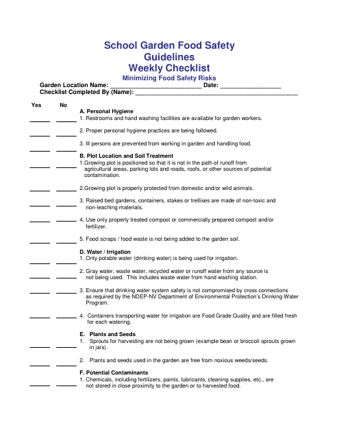 School Garden Food Safety Weekly Checklist - Nevada