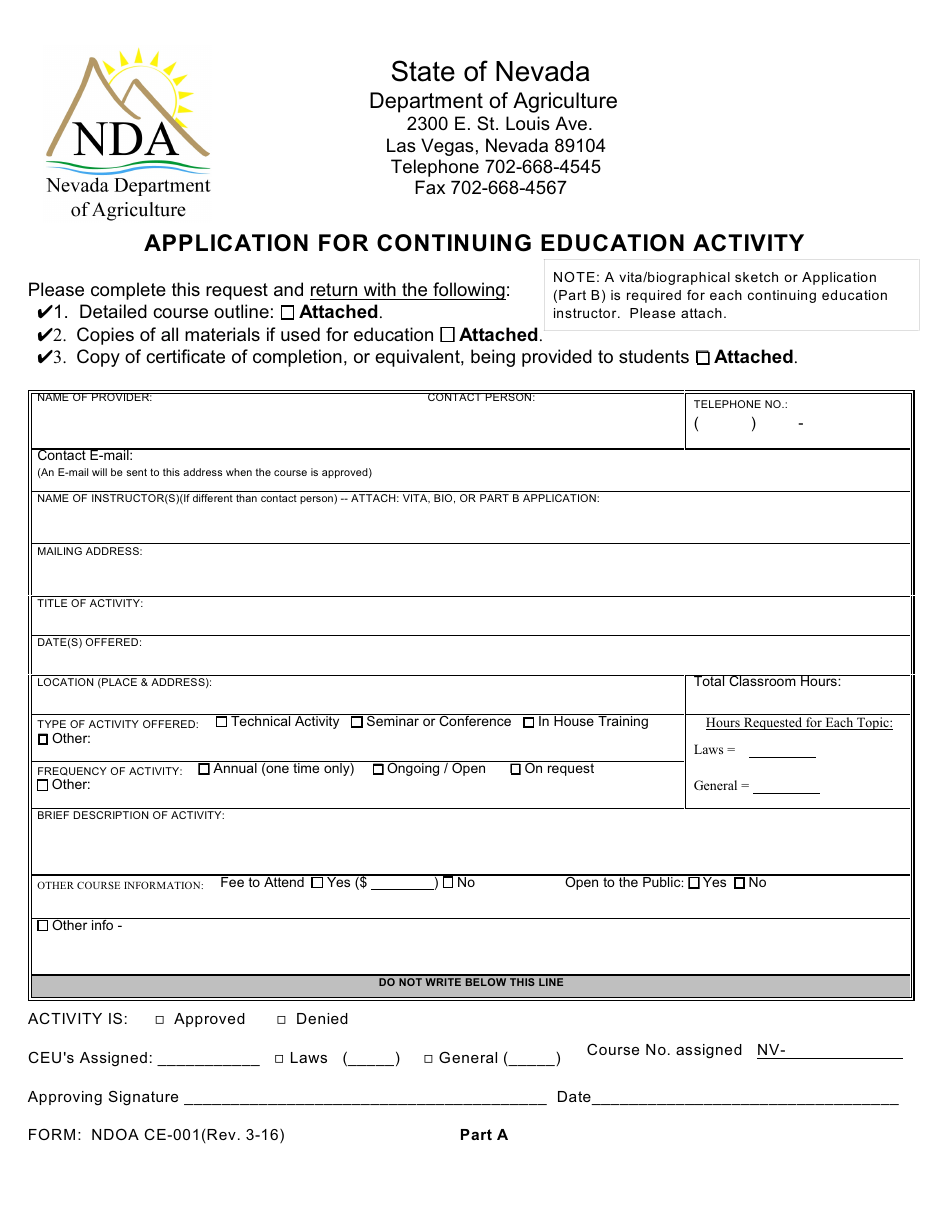 Form CE-001 Part a - Application for Continuing Education Activity - Nevada, Page 1