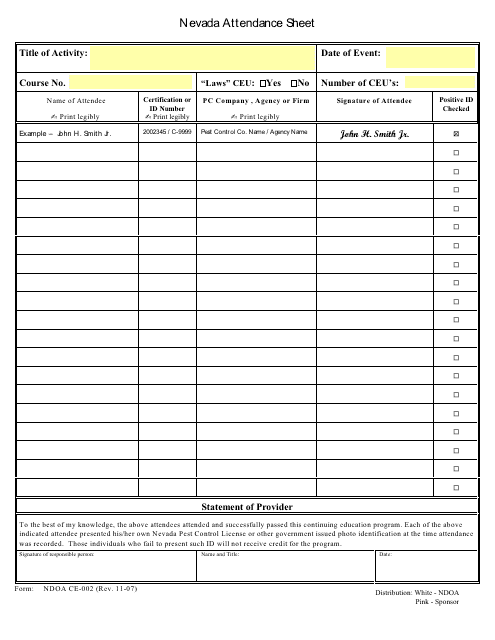 Form CE-002 Nevada Attendance Sheet - Nevada