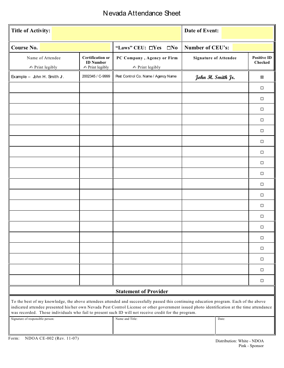 Form CE-002 Nevada Attendance Sheet - Nevada, Page 1