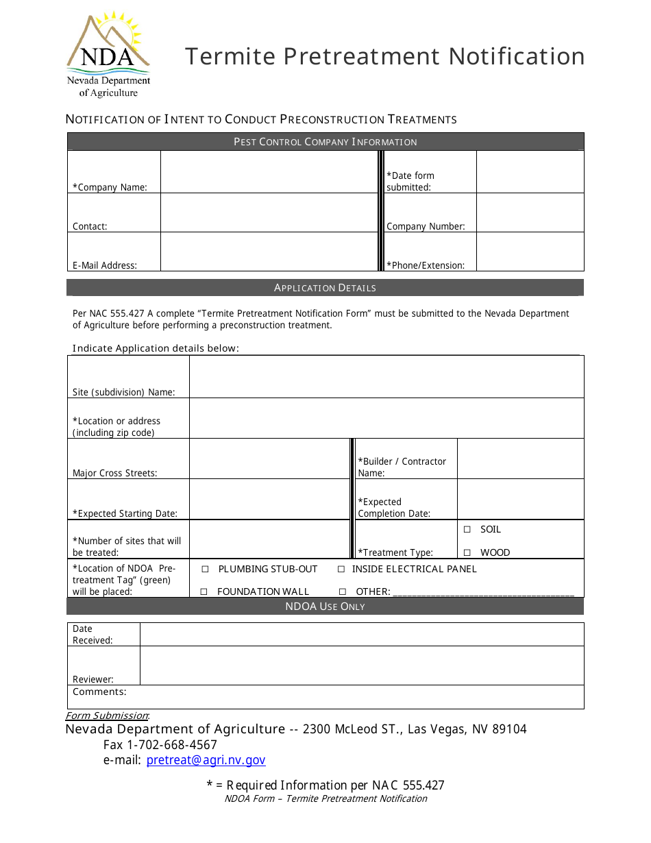 Termite Pretreatment Notification Form - Nevada, Page 1