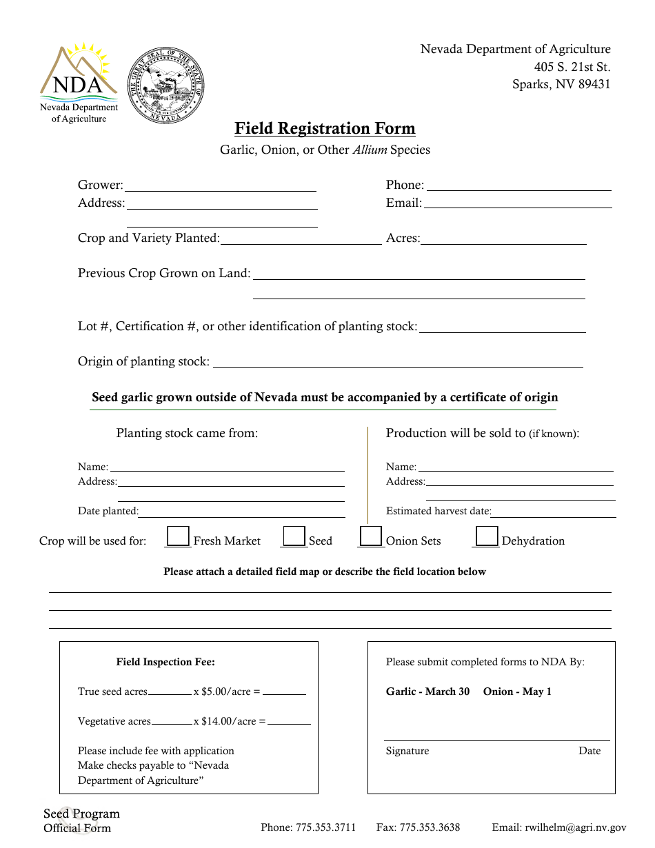 Field Registration Form - Garlic, Onion, or Other Allium Species - Nevada, Page 1