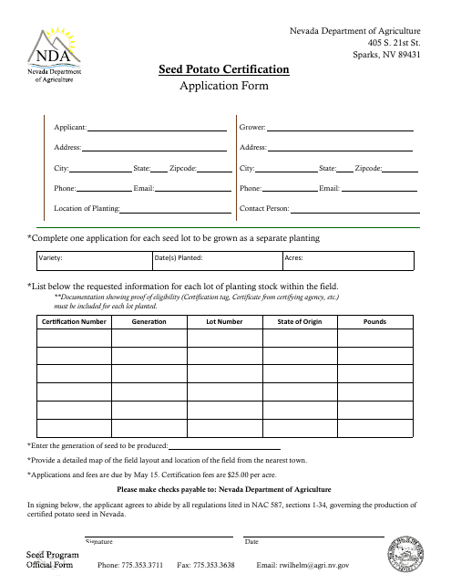 Application for Seed Garlic Certification - Nevada Download Pdf