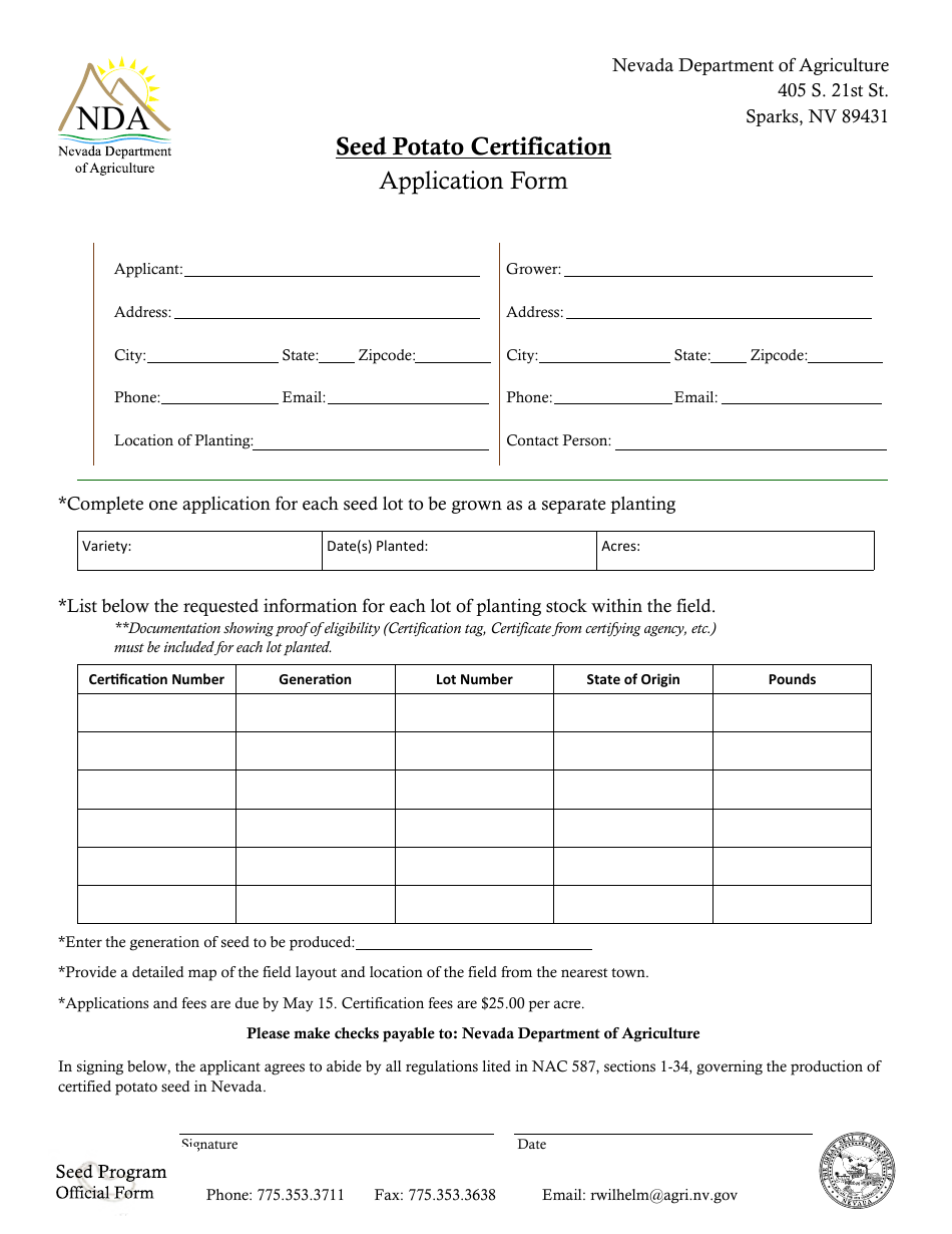 Application for Seed Garlic Certification - Nevada, Page 1