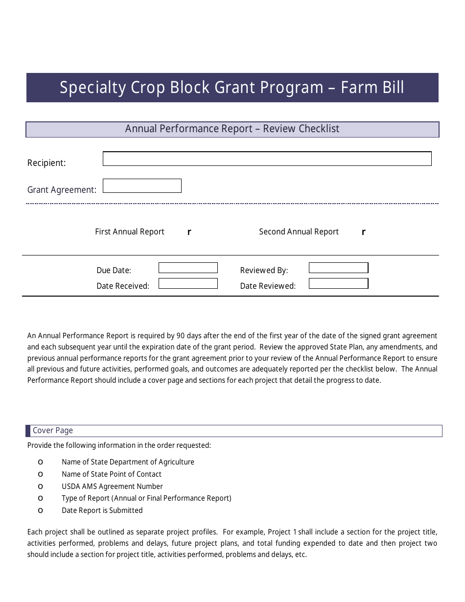 Annual Performance Report - Review Checklist -specialty Crop Block Grant Program - Farm Bill, Page 1