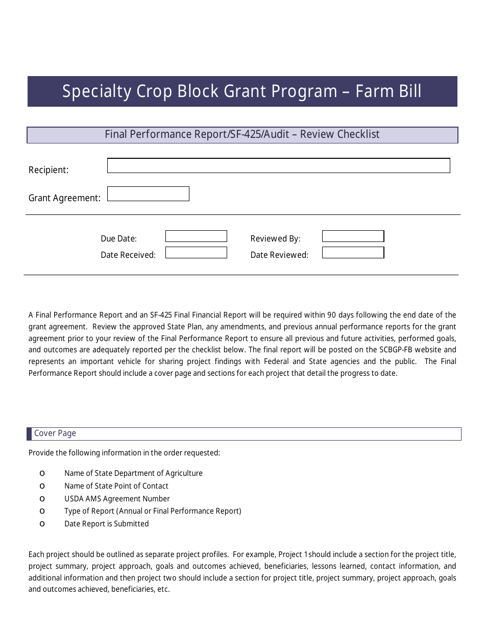 Final Performance Report / SF-425 / Audit - Review Checklist - Specialty Crop Block Grant Program - Farm Bill, Page 1