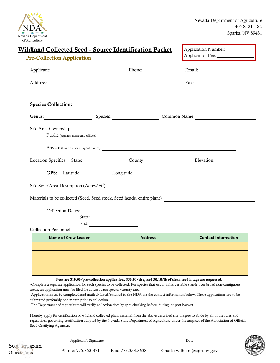 Wildland Collected Seed - Source Identification Packet - Pre-collection Application Form - Nevada, Page 1