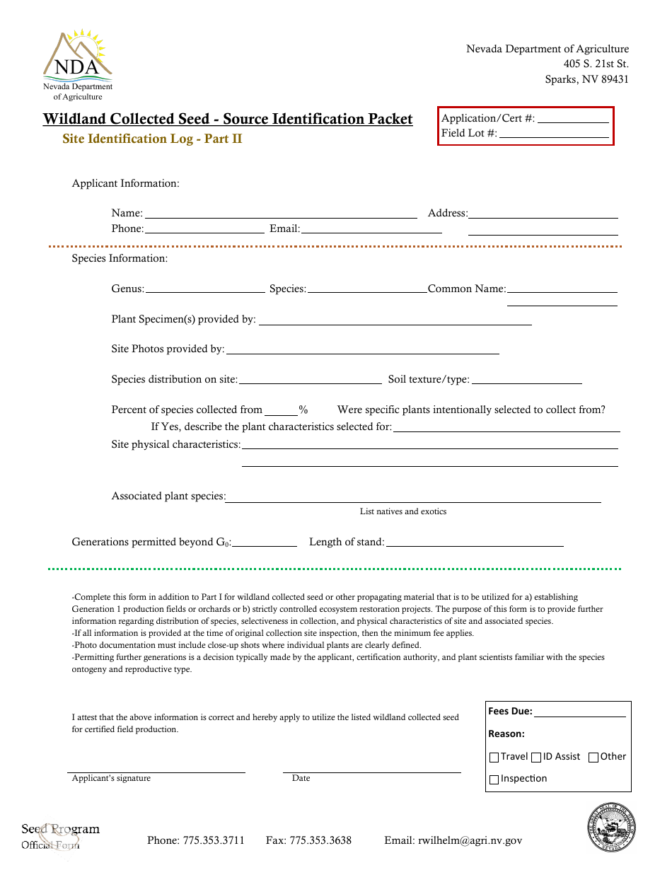 Wildland Collected Seed - Source Identification Packet - Pre-collection Application Form - Nevada, Page 3