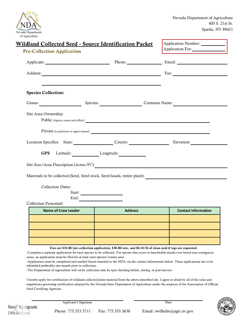 Wildland Collected Seed - Source Identification Packet - Pre-collection Application Form - Nevada Download Pdf