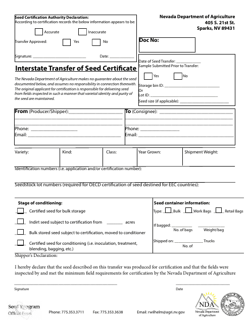 Interstate Transfer of Seed Certificate Form - Nevada Download Pdf