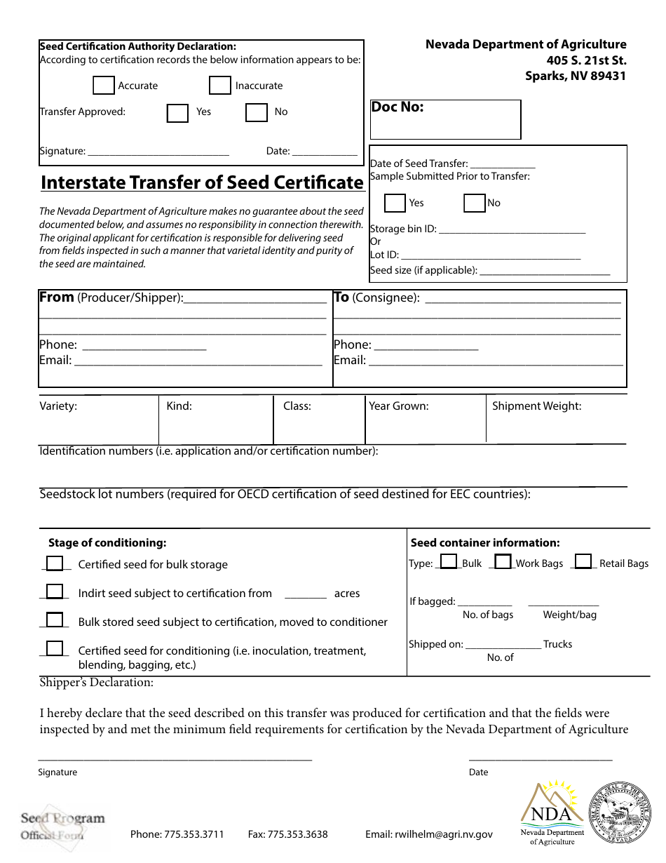 Nevada Interstate Transfer of Seed Certificate Form Download Fillable