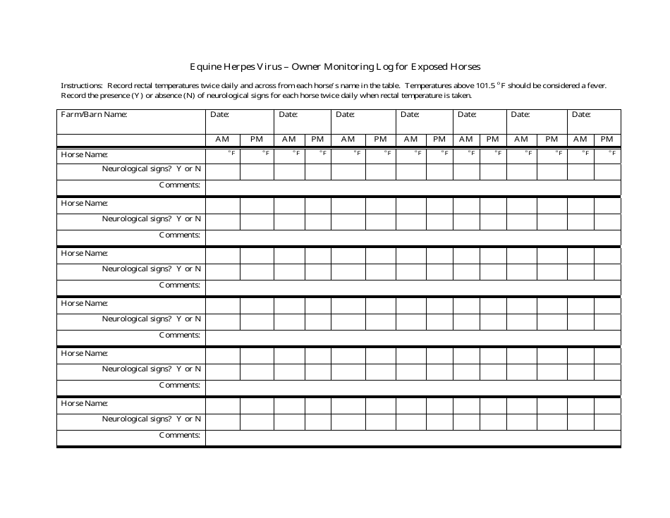 Owner Monitoring Log for Exposed Horses - Equine Herpes Virus - Nevada, Page 1