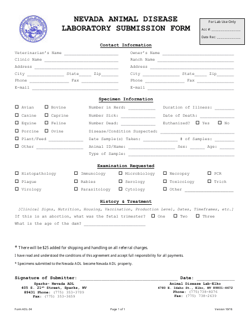 Form ADL-34 Laboratory Submission Form - Nevada
