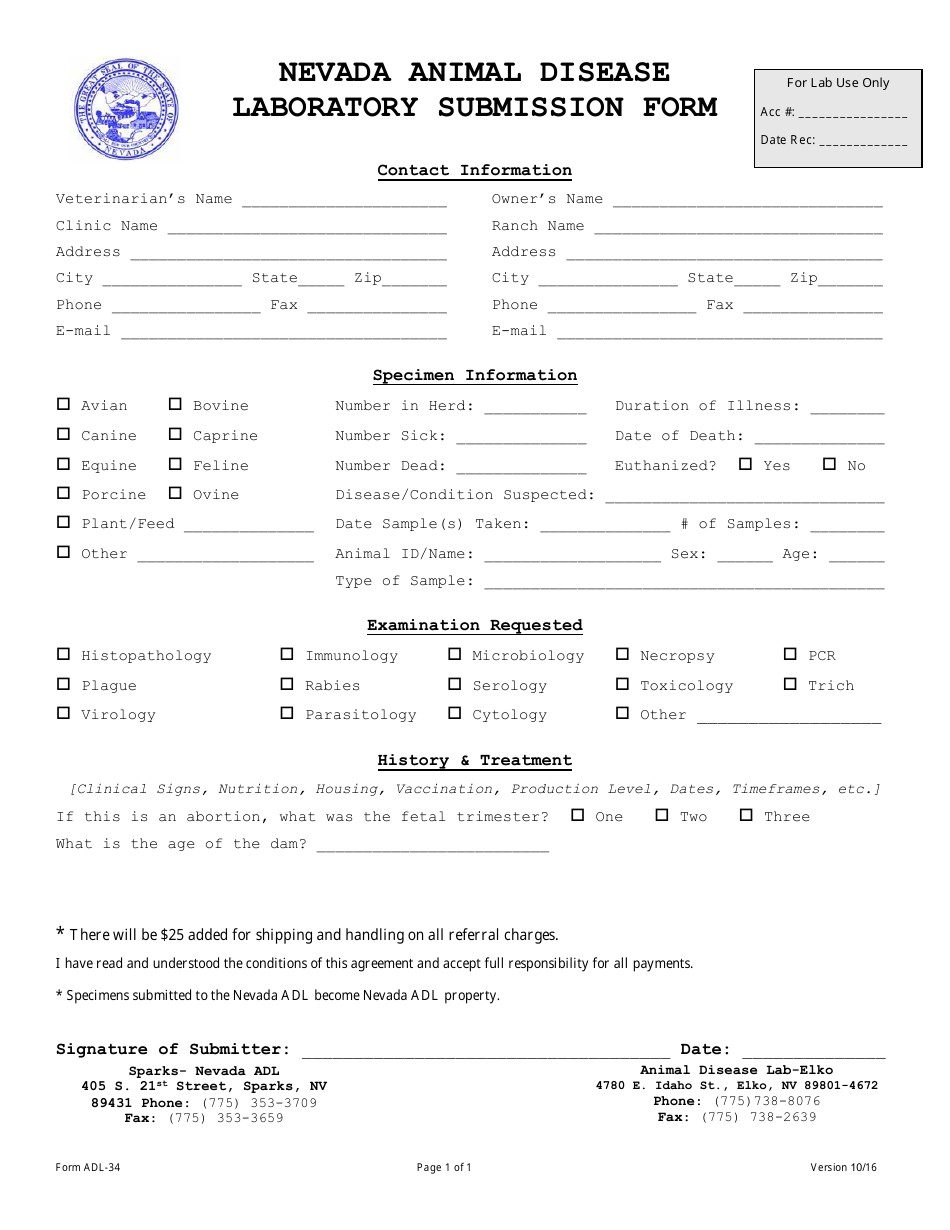 Form ADL-34 Laboratory Submission Form - Nevada, Page 1