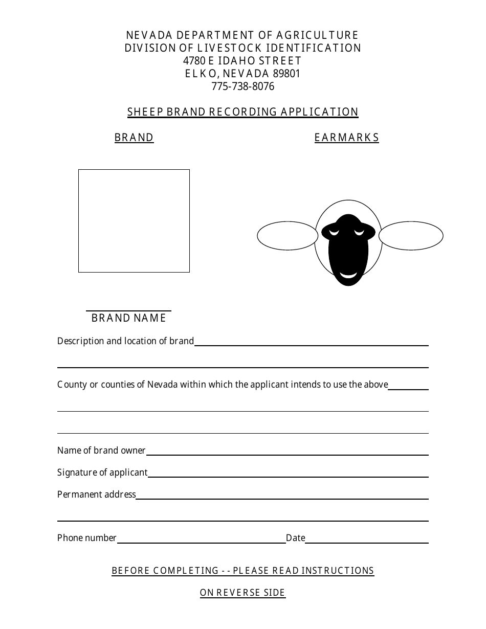 Sheep Brand Recording Application Form - Nevada, Page 1