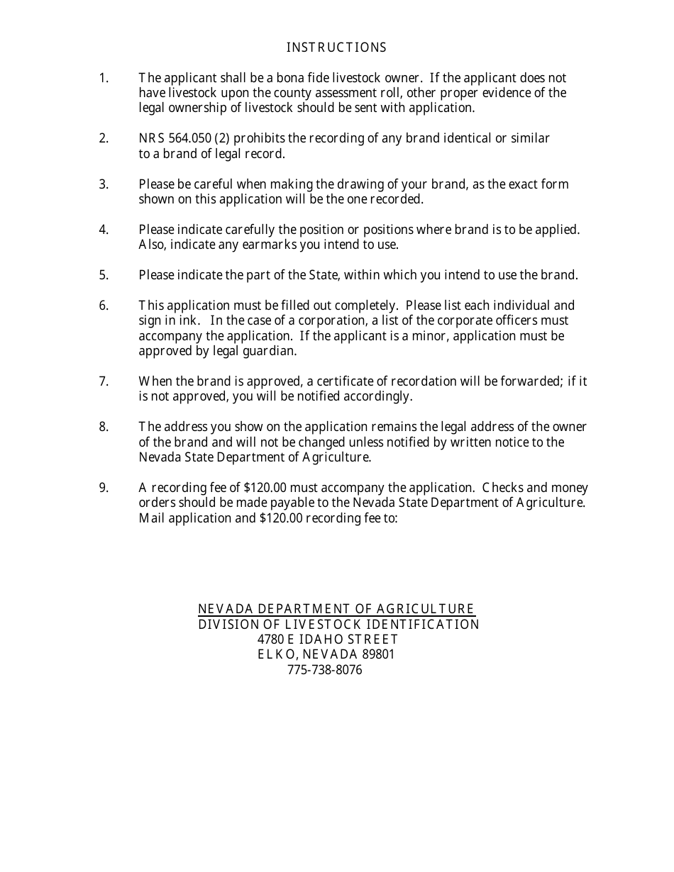 Sheep Brand Recording Application Form - Nevada, Page 2
