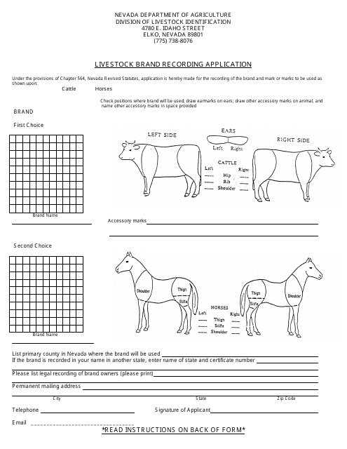 Livestock Brand Recording Application Form - Nevada Download Pdf