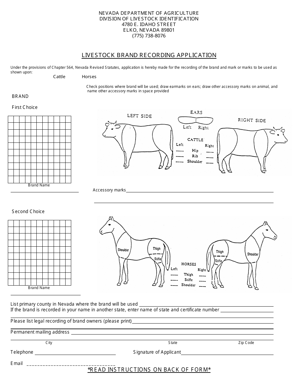 Nevada Livestock Brand Recording Application Form Fill Out, Sign