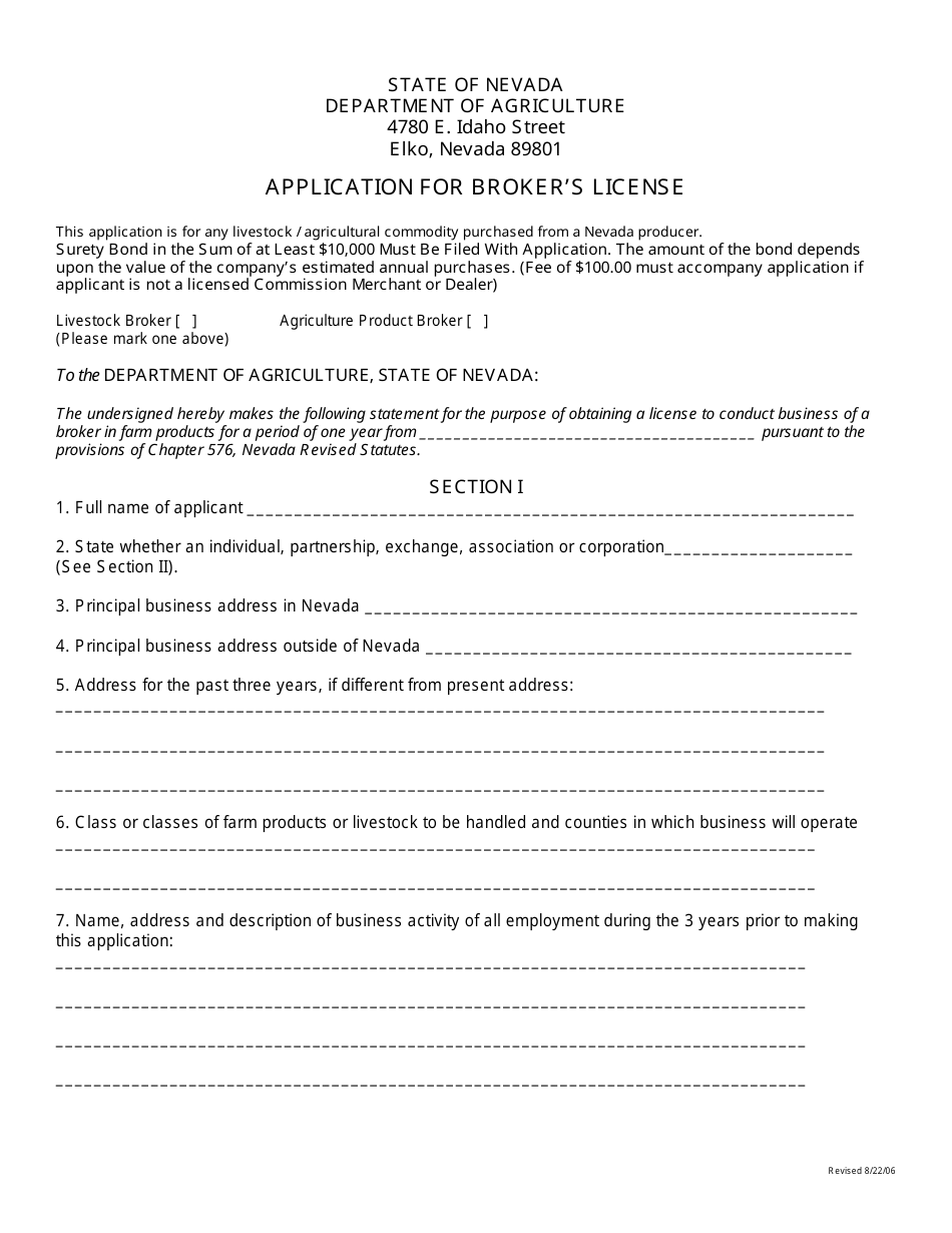 Application for Brokers License - Nevada, Page 1