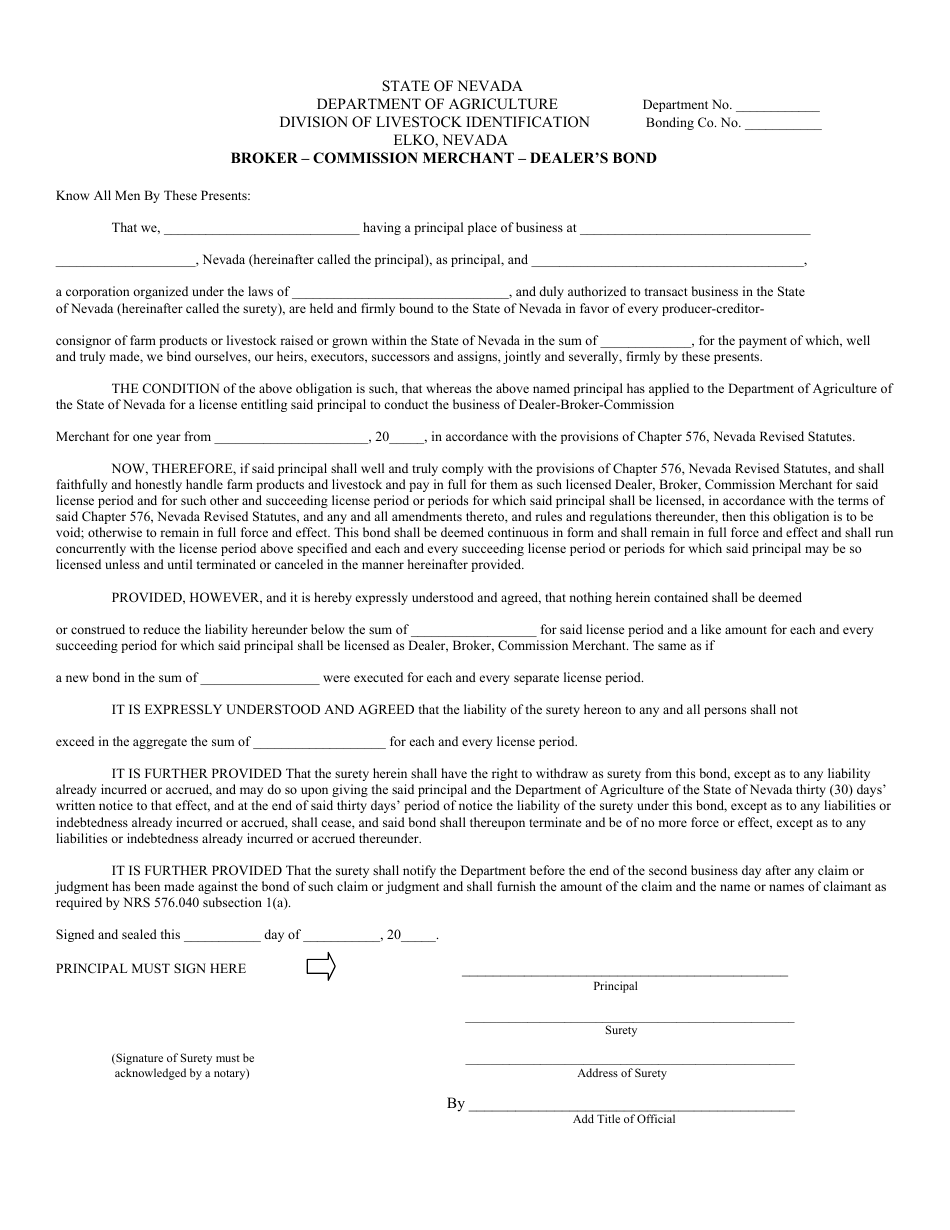 Broker, Commission Merchant, Dealers Bond Form - Nevada, Page 1