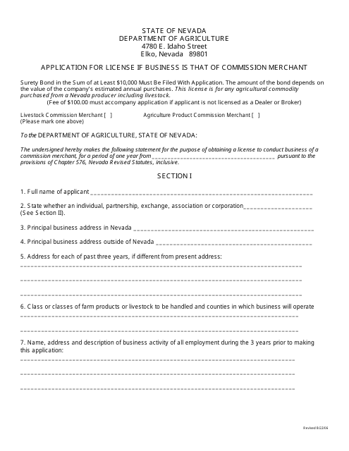 Application for License if Business Is That of Commission Merchant - Nevada Download Pdf