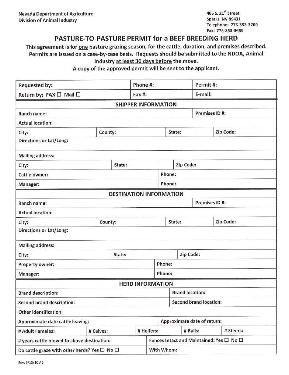 Nevada Pasture-To-Pasture Permit for a Beef Breeding Herd - Fill Out ...