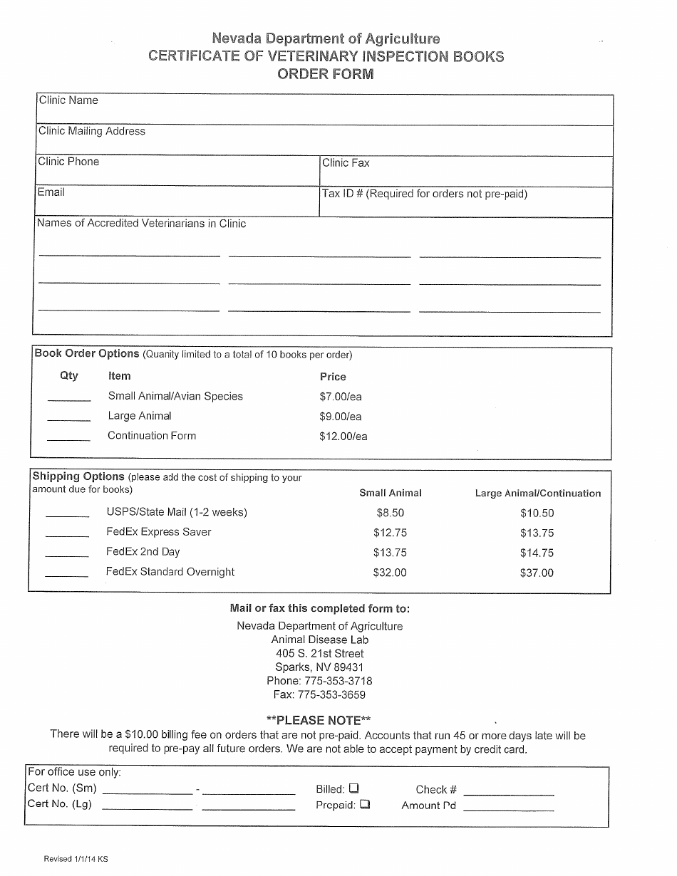 Certificate of Veterinary Inspection Books Order Form - Nevada, Page 1