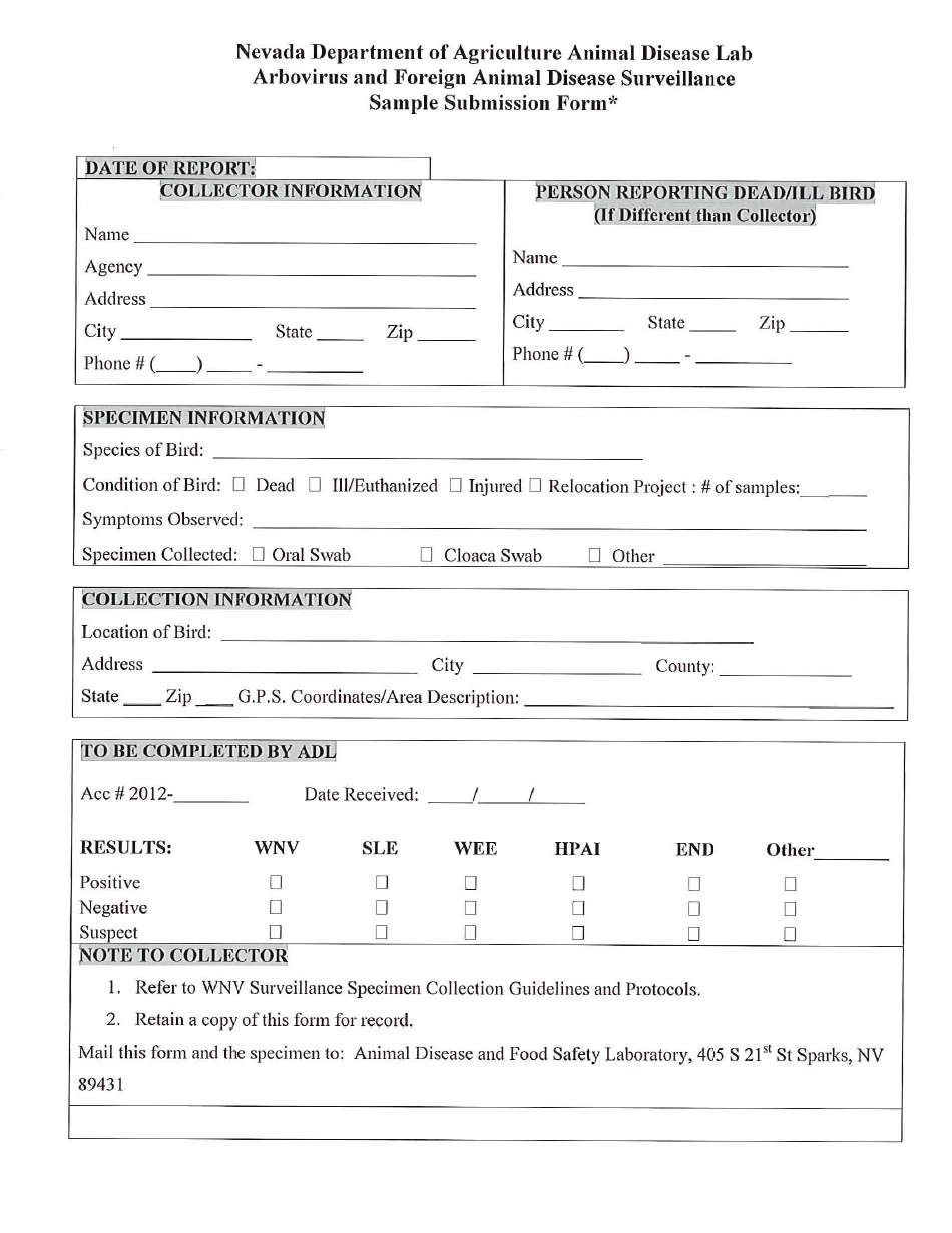 Arbovirus and Foreign Animal Disease Surveillance Sample Submission Form - Nevada, Page 1