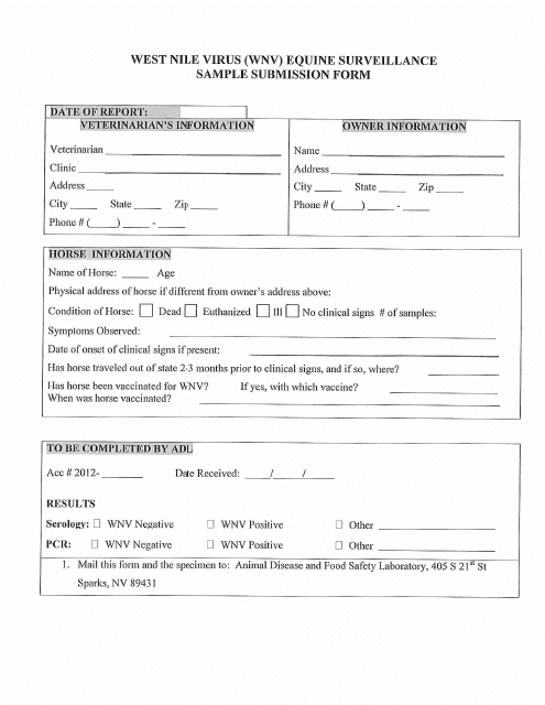 West Nile Virus (Wnv) Equine Surveillance Sample Submission Form - Nevada