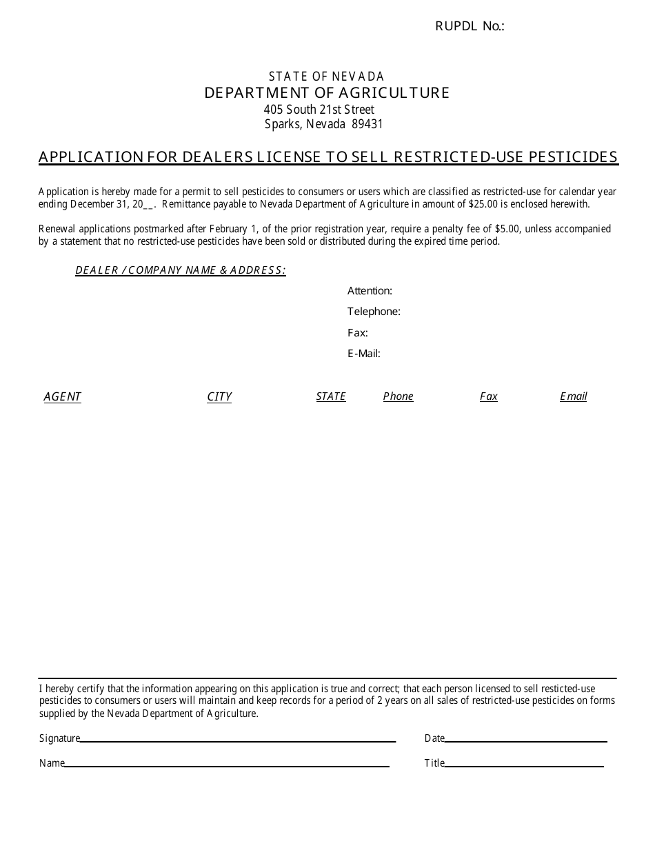 Application for Dealers License to Sell Restricted-Use Pesticides - Nevada, Page 1