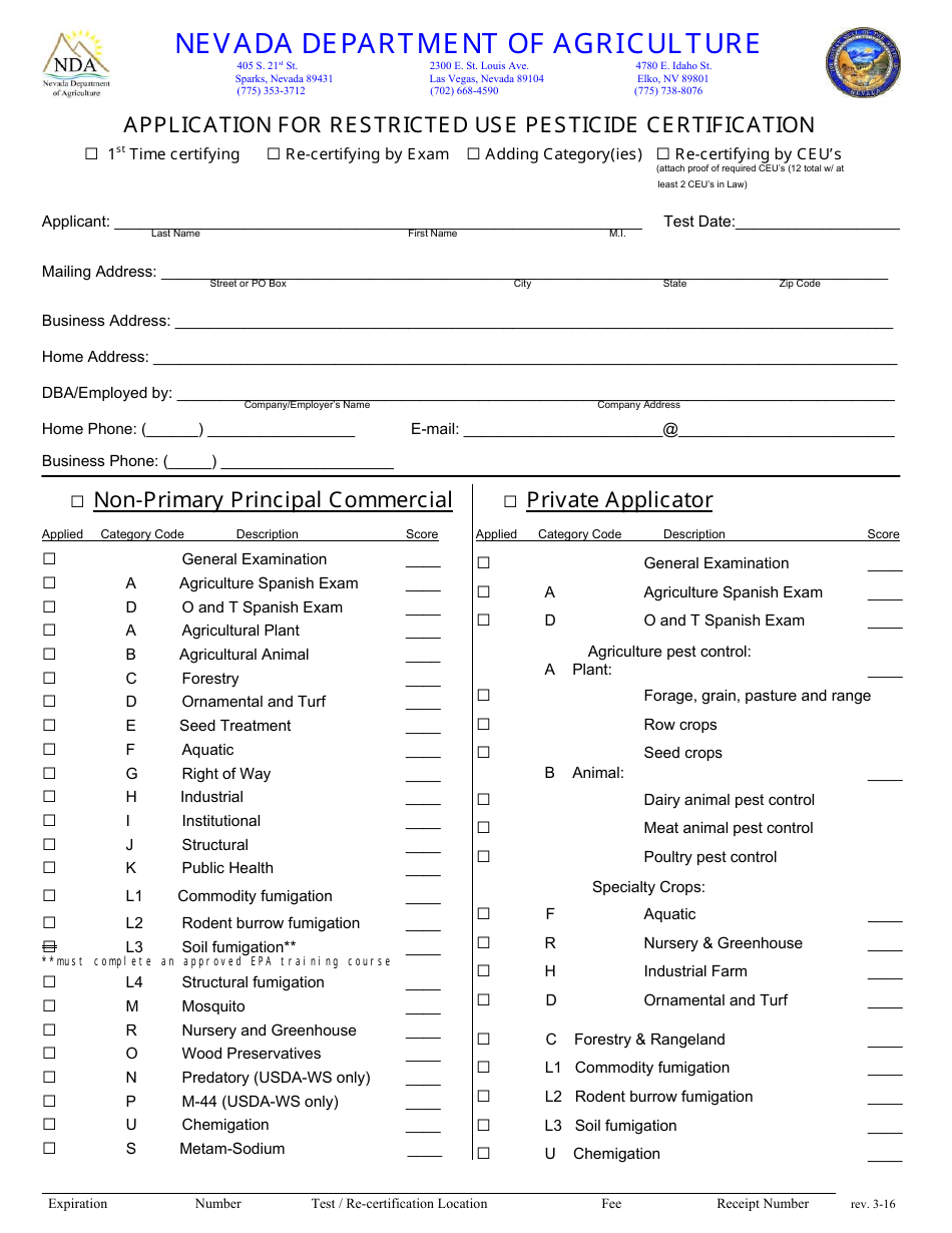 Application for Restricted Use Pesticide Certification - Nevada, Page 1