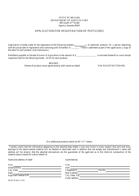 Form DAPD30 Application for Registration of Pesticides - Nevada